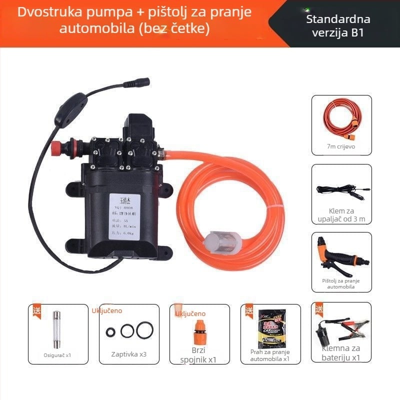 Domaći visokotlačni pametni stroj za pranje automobila, prijenosni s dvostrukom pumpom (60W, čista bakrena konstrukcija, napajanje iz upaljača, crijevo <10 m, ulazna snaga pumpe ≤10 kW)