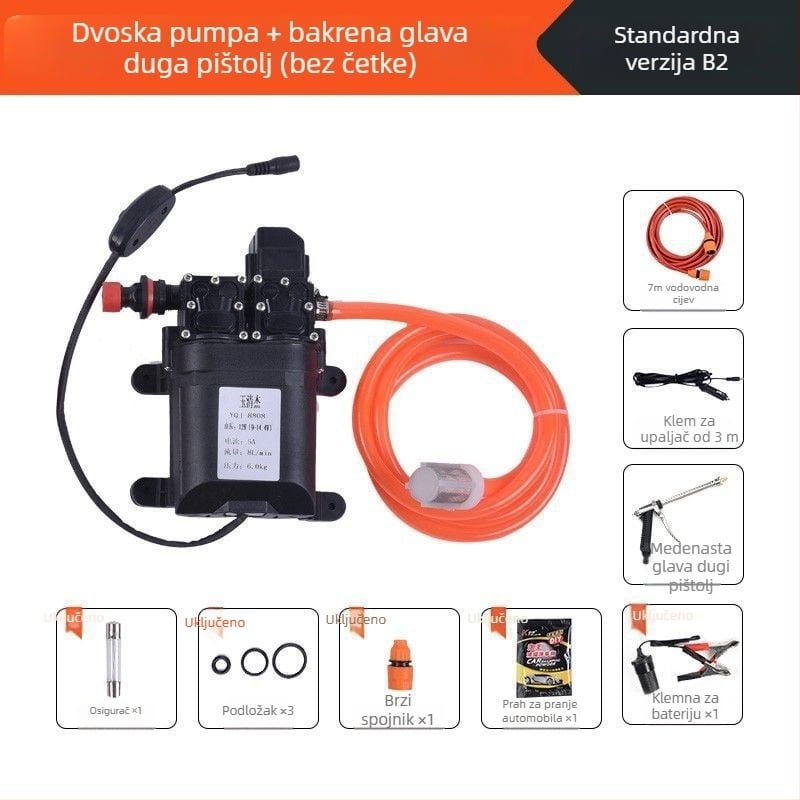 Domaći visokotlačni pametni stroj za pranje automobila, prijenosni s dvostrukom pumpom (60W, čista bakrena konstrukcija, napajanje iz upaljača, crijevo <10 m, ulazna snaga pumpe ≤10 kW)