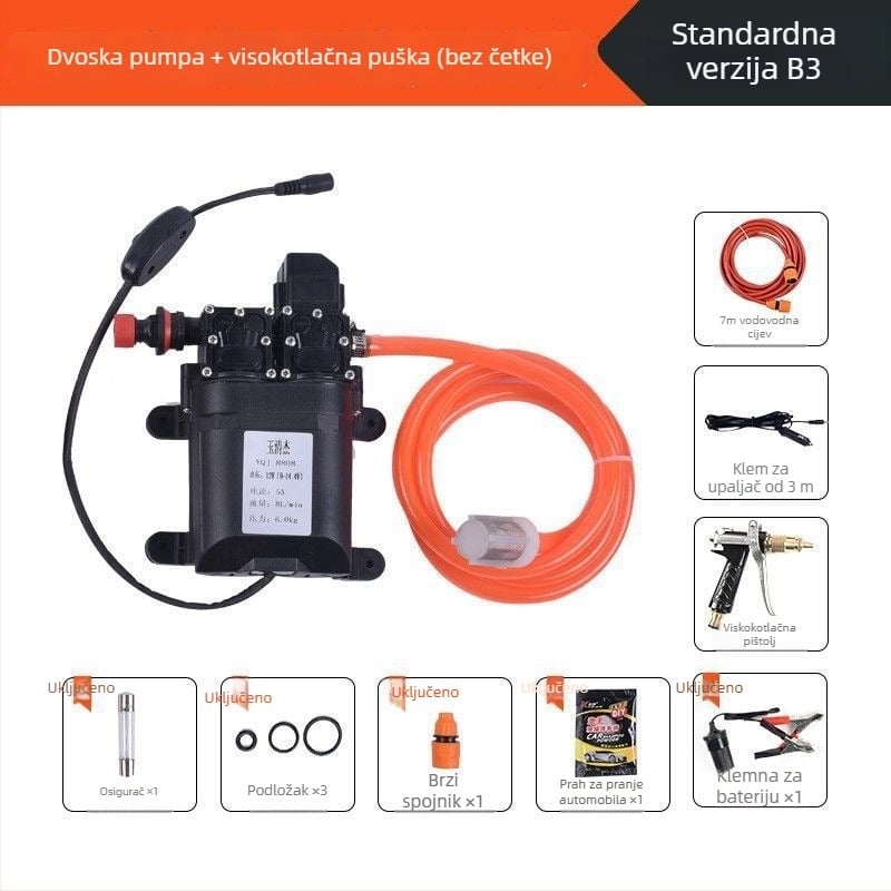 Domaći visokotlačni pametni stroj za pranje automobila, prijenosni s dvostrukom pumpom (60W, čista bakrena konstrukcija, napajanje iz upaljača, crijevo <10 m, ulazna snaga pumpe ≤10 kW)