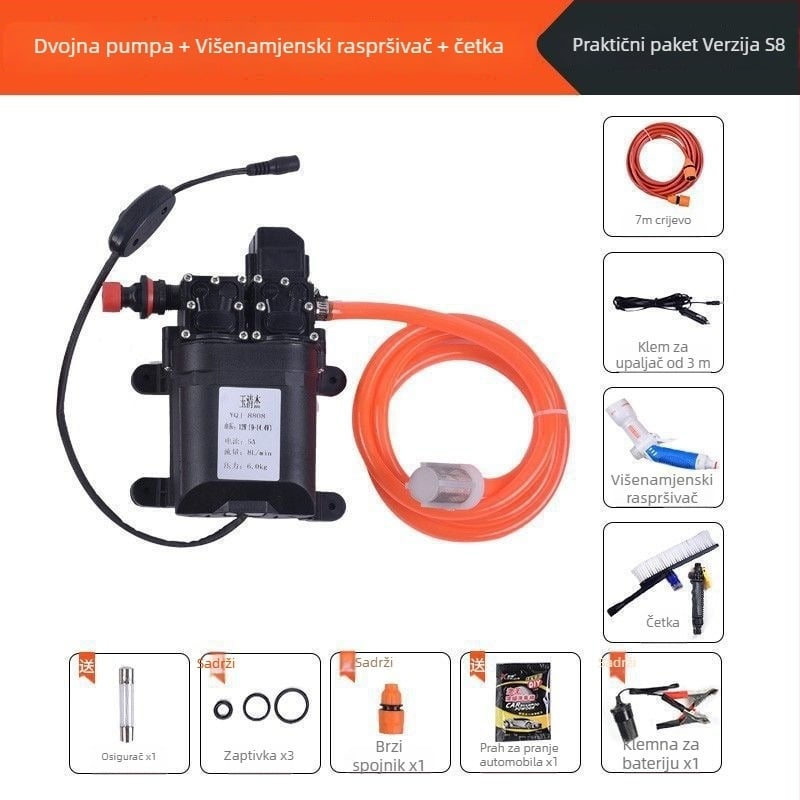 Domaći visokotlačni pametni stroj za pranje automobila, prijenosni s dvostrukom pumpom (60W, čista bakrena konstrukcija, napajanje iz upaljača, crijevo <10 m, ulazna snaga pumpe ≤10 kW)