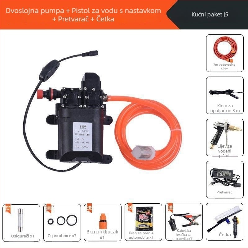 Domaći visokotlačni pametni stroj za pranje automobila, prijenosni s dvostrukom pumpom (60W, čista bakrena konstrukcija, napajanje iz upaljača, crijevo <10 m, ulazna snaga pumpe ≤10 kW)
