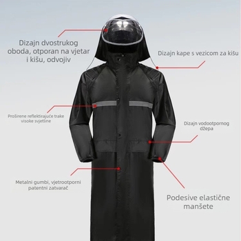 Dugi prilagođeni kišni pončo, reflektirajući, unisex, od jednog komada, pojačana konstrukcija
