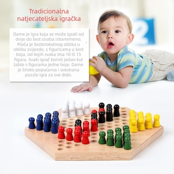 Šesterokutna drvena dama za djecu, klasična društvena igra, uzrast 4–14 godina