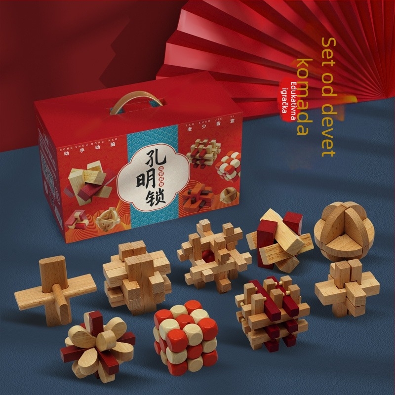 Drveni Kongming/Luban puzzle ključavnica set, prilagođen prema crtama, za uzrast 15–35 godina, pakiran u kutiju