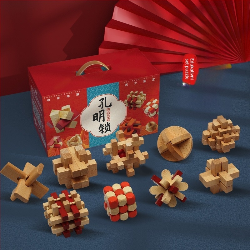 Drveni Kongming/Luban puzzle ključavnica set, prilagođen prema crtama, za uzrast 15–35 godina, pakiran u kutiju