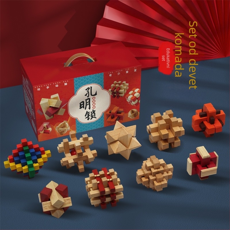 Drveni Kongming/Luban puzzle ključavnica set, prilagođen prema crtama, za uzrast 15–35 godina, pakiran u kutiju