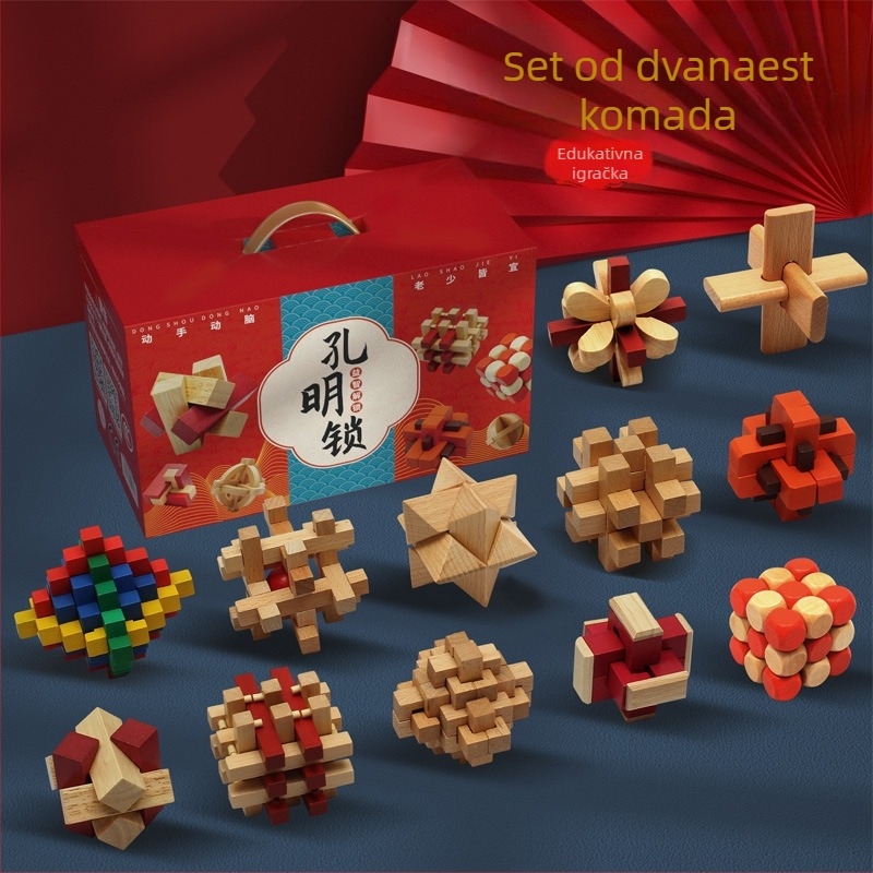 Drveni Kongming/Luban puzzle ključavnica set, prilagođen prema crtama, za uzrast 15–35 godina, pakiran u kutiju