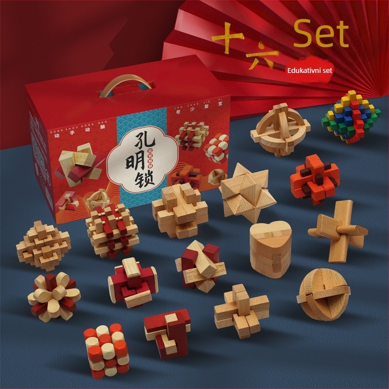 Drveni Kongming/Luban puzzle ključavnica set, prilagođen prema crtama, za uzrast 15–35 godina, pakiran u kutiju