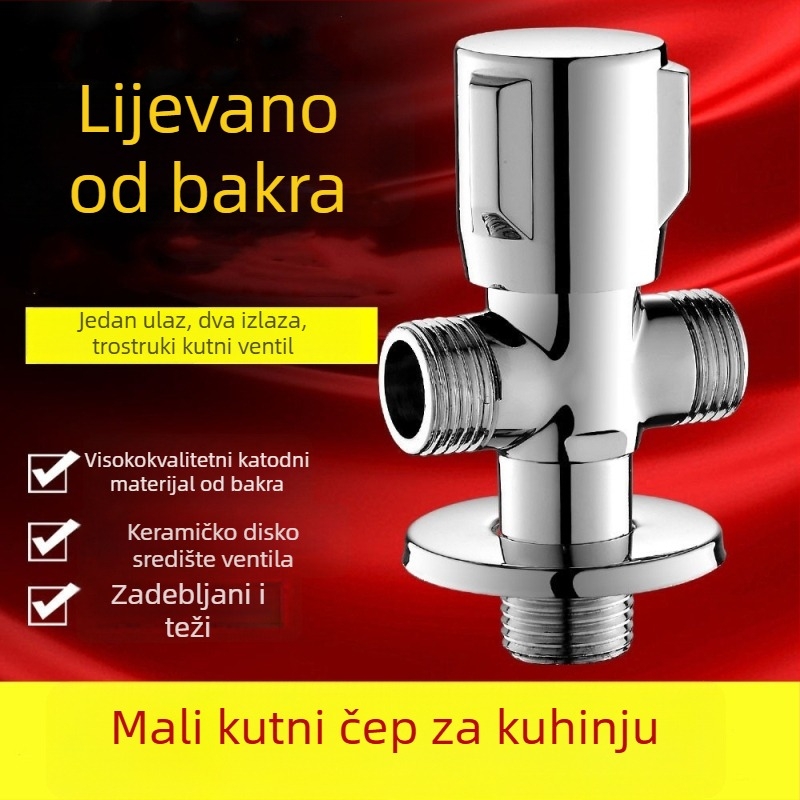 Trostruki kutni ventil s bakrenim jezgrama, jedan ulaz i dva izlaza, za toplu i hladnu vodu, unutarnji promjer 32, spiralni način ugradnje