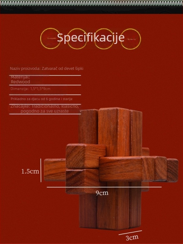 Drveni puzzle Kongming/Luban Lock za edukaciju, razvoj logičkog razmišljanja; Pogodno za uzrast 7–14 godina; Materijal: drvo; Funkcija: razvoj zagonetke; Kategorija: Kongming/Luban Lock; Pakiranje: plastično.