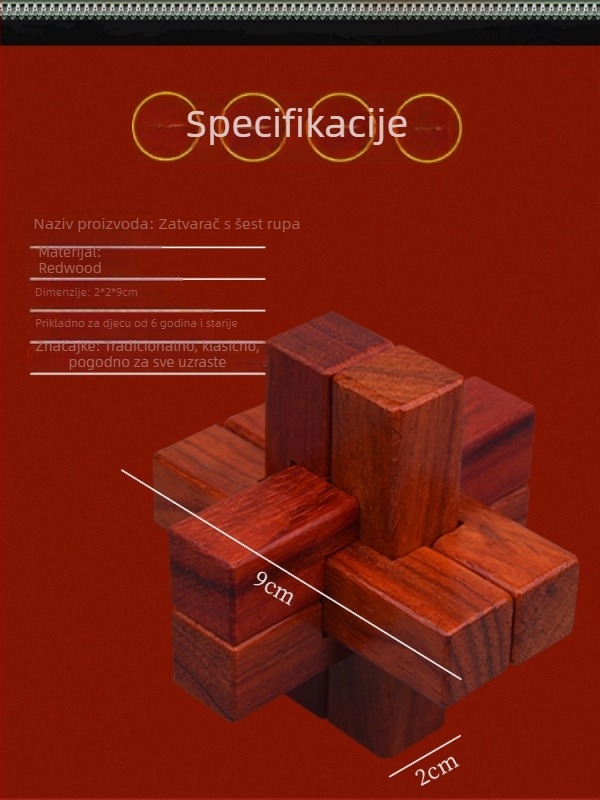 Drveni puzzle Kongming/Luban Lock za edukaciju, razvoj logičkog razmišljanja; Pogodno za uzrast 7–14 godina; Materijal: drvo; Funkcija: razvoj zagonetke; Kategorija: Kongming/Luban Lock; Pakiranje: plastično.
