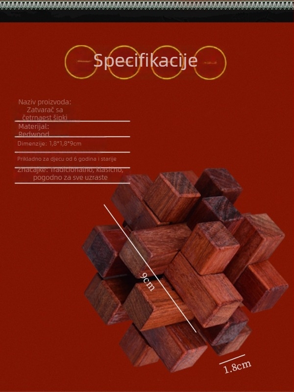 Drveni puzzle Kongming/Luban Lock za edukaciju, razvoj logičkog razmišljanja; Pogodno za uzrast 7–14 godina; Materijal: drvo; Funkcija: razvoj zagonetke; Kategorija: Kongming/Luban Lock; Pakiranje: plastično.