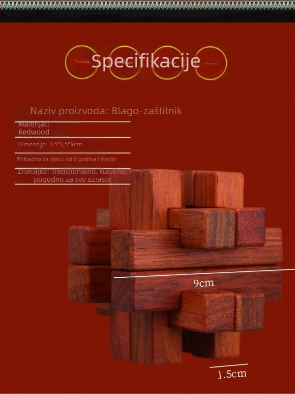 Drveni puzzle Kongming/Luban Lock za edukaciju, razvoj logičkog razmišljanja; Pogodno za uzrast 7–14 godina; Materijal: drvo; Funkcija: razvoj zagonetke; Kategorija: Kongming/Luban Lock; Pakiranje: plastično.