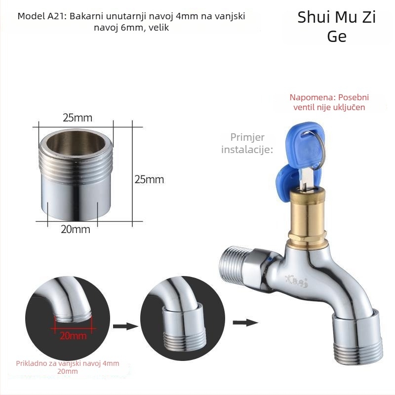 Bakarni adapter za perilicu rublja s unutarnjim i vanjskim navojem, Siemens