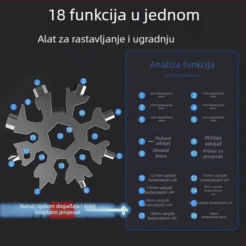 Snowflake ključ, višenamjenski, privjesak za ključeve, prijenosni osmerokutni mini alat, lijevano čelik
