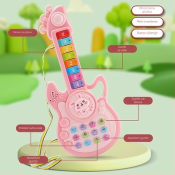 Dječja višenamjenska glazbena gitara‑priča mašina — električna igračka, plastična konstrukcija, napajanje baterijama, za dob 0–3 godine