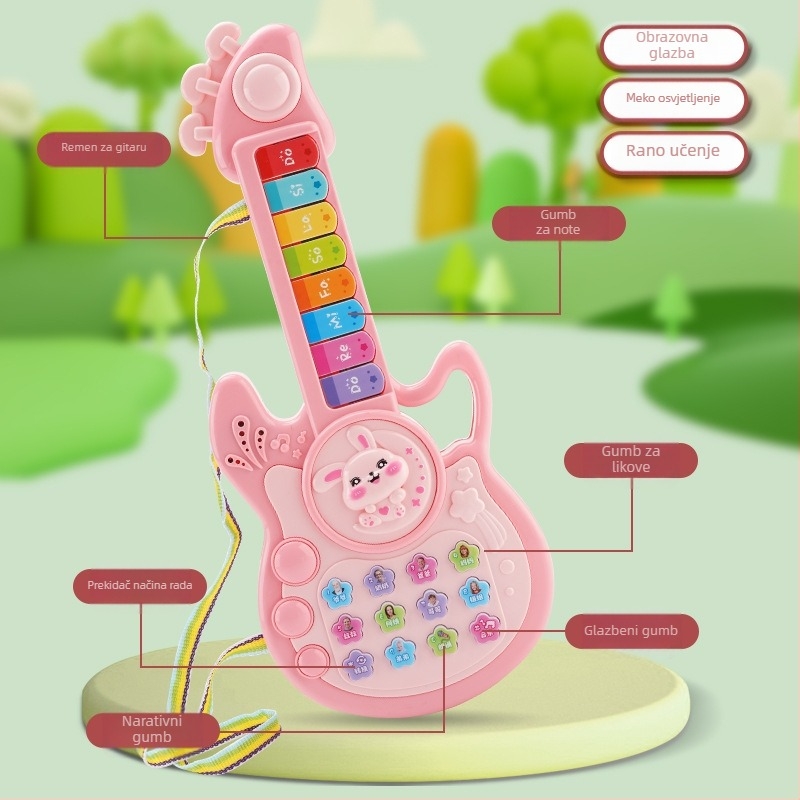 Dječja višenamjenska glazbena gitara‑priča mašina — električna igračka, plastična konstrukcija, napajanje baterijama, za dob 0–3 godine