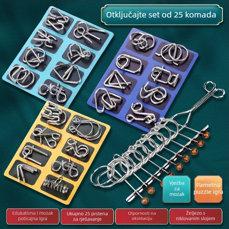 Metalni Kongming Lock / Luban Lock puzzle prsten, za uzrast 7–14 godina, legura konstrukcija, blister pakiranje, pogodan za DIY