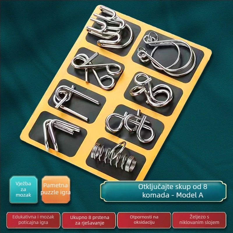 Metalni Kongming Lock / Luban Lock puzzle prsten, za uzrast 7–14 godina, legura konstrukcija, blister pakiranje, pogodan za DIY