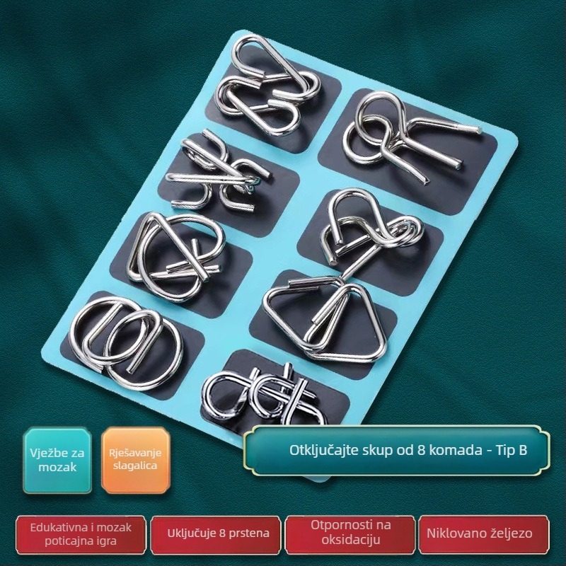 Metalni Kongming Lock / Luban Lock puzzle prsten, za uzrast 7–14 godina, legura konstrukcija, blister pakiranje, pogodan za DIY