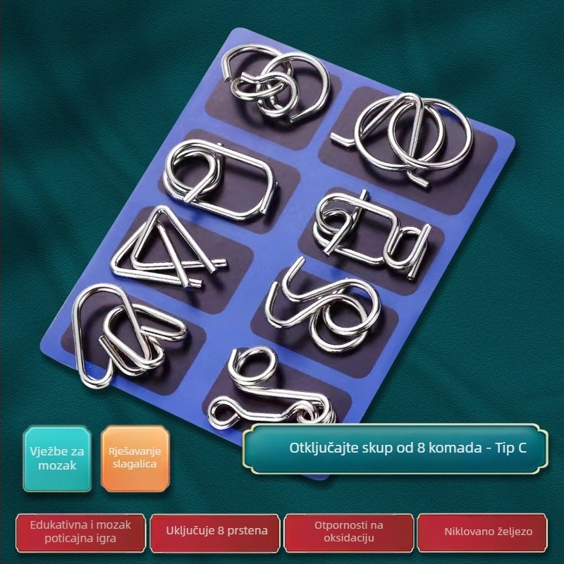 Metalni Kongming Lock / Luban Lock puzzle prsten, za uzrast 7–14 godina, legura konstrukcija, blister pakiranje, pogodan za DIY