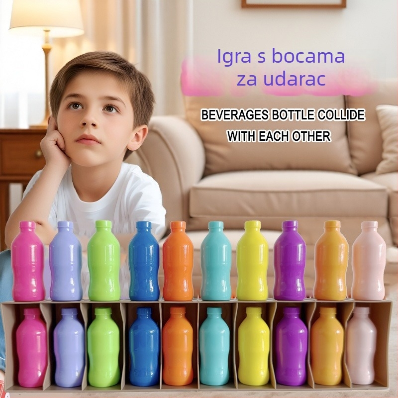 Porodična društvena igra s pogađanjem boca i slagivanjem, plastična konstrukcija; pogodna za uzraste 4–6, 7–14 i 15–35; potiče vizualnu percepciju i kognitivni razvoj.