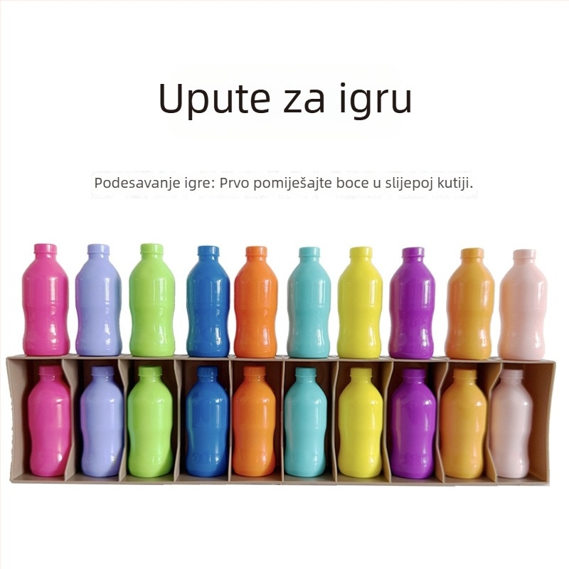 Porodična društvena igra s pogađanjem boca i slagivanjem, plastična konstrukcija; pogodna za uzraste 4–6, 7–14 i 15–35; potiče vizualnu percepciju i kognitivni razvoj.