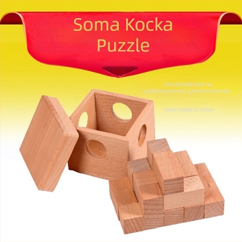 Bukovo drveno Soma kocka, 7-djelni set, u plastičnom pakiranju, puzzle Luban Lock (Kongming Lock), za djecu 4–6 godina, razvija finu motoriku i strpljenje