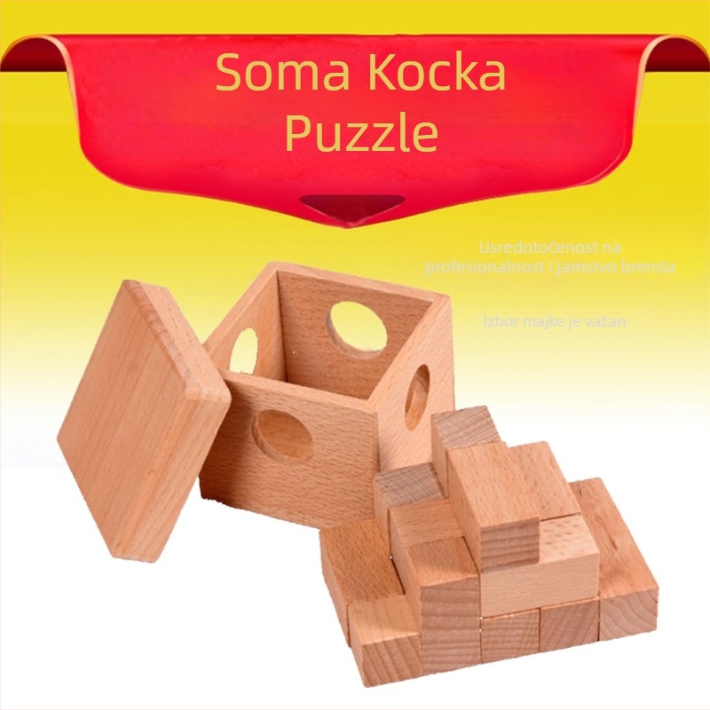 Bukovo drveno Soma kocka, 7-djelni set, u plastičnom pakiranju, puzzle Luban Lock (Kongming Lock), za djecu 4–6 godina, razvija finu motoriku i strpljenje