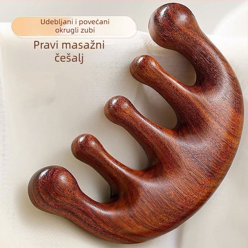 Drveni meridijanski masažni češalj s pet zubi za vlasište