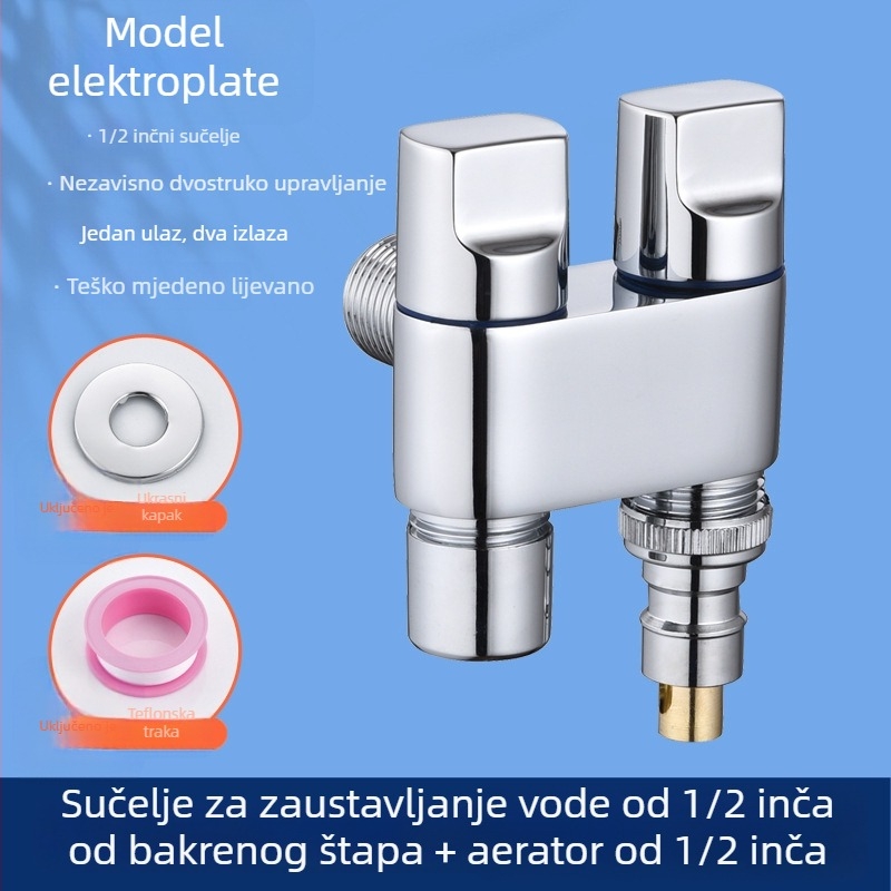 Bakreni troputni ventil za perilicu rublja – ulaz 1, izlazi 2, dvostruka kontrola vodom