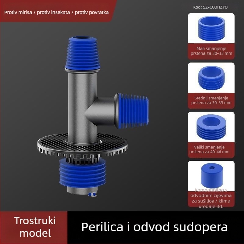 Kapa za T spoj odvod perilice rublje, nehrđajući čelik + ABS, anti miris, anti prelijevanje, kupaonski spoj