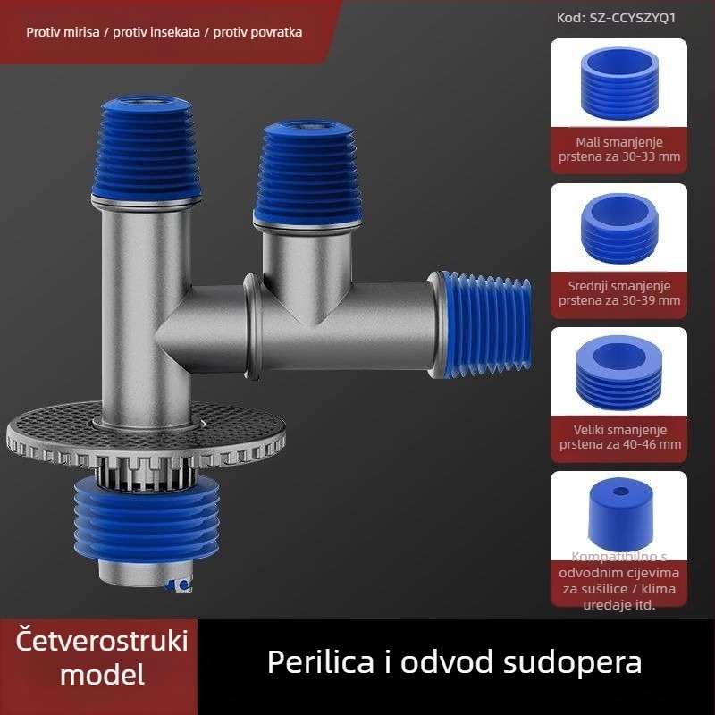 Kapa za T spoj odvod perilice rublje, nehrđajući čelik + ABS, anti miris, anti prelijevanje, kupaonski spoj