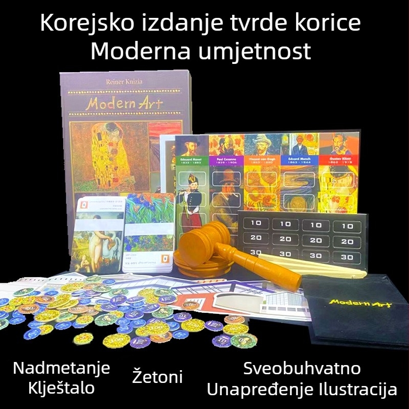 Modern Art društvena igra: aukcijsko-poslovna party strategija s drvenim i papirnatim komponentama; razvija vid i osjetilne percepcije te komunikaciju roditelj–dijete; za uzraste 7–14, 15–35, 36–60 i 61+.