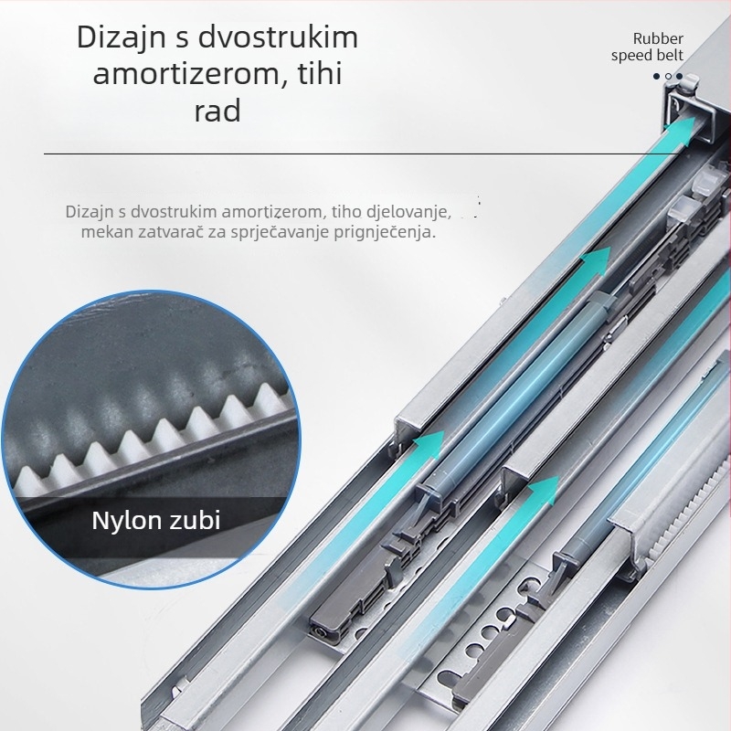 Skrivene teške šine za ladice dubokih ormara – tih rad, gornja i donja montaža (Materijal: hladno valjani čelik; Površinska obrada: galvanizirana; Model: Heaven and Earth rail; Marka: Zuo gang; Stil: moderni minimalizam)