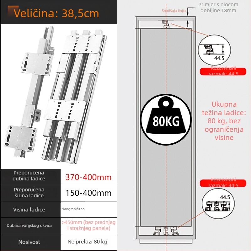 Skrivene teške šine za ladice dubokih ormara – tih rad, gornja i donja montaža (Materijal: hladno valjani čelik; Površinska obrada: galvanizirana; Model: Heaven and Earth rail; Marka: Zuo gang; Stil: moderni minimalizam)