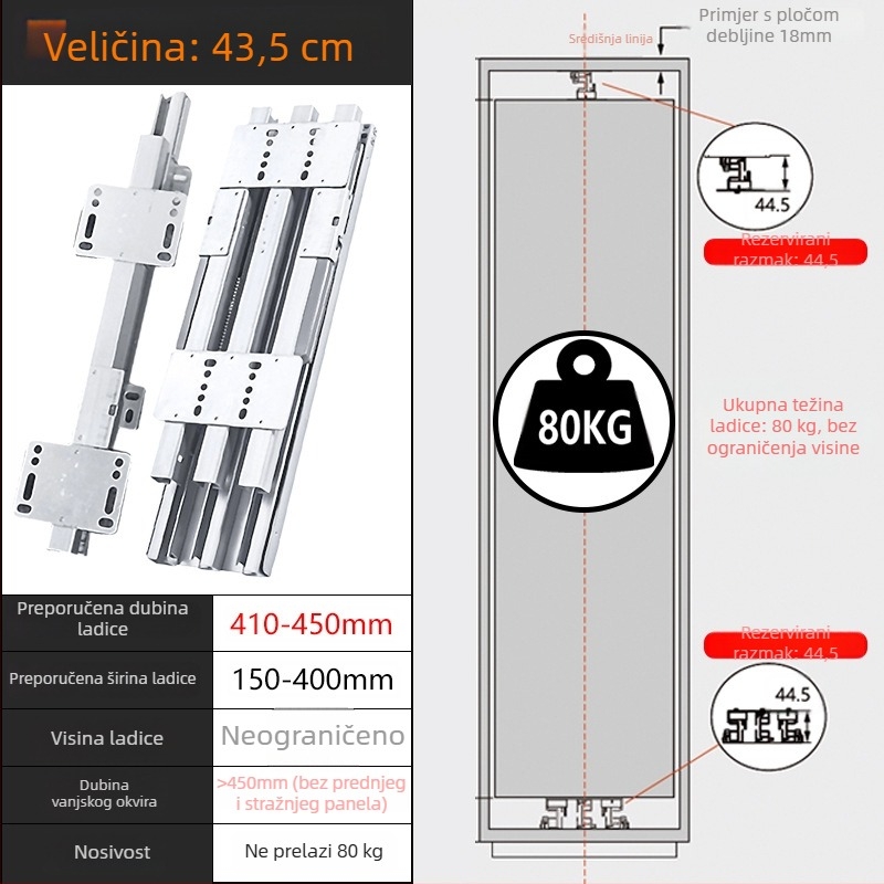 Skrivene teške šine za ladice dubokih ormara – tih rad, gornja i donja montaža (Materijal: hladno valjani čelik; Površinska obrada: galvanizirana; Model: Heaven and Earth rail; Marka: Zuo gang; Stil: moderni minimalizam)