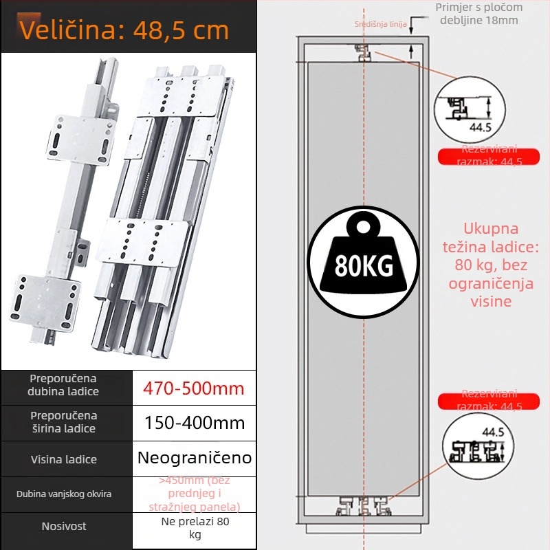 Skrivene teške šine za ladice dubokih ormara – tih rad, gornja i donja montaža (Materijal: hladno valjani čelik; Površinska obrada: galvanizirana; Model: Heaven and Earth rail; Marka: Zuo gang; Stil: moderni minimalizam)