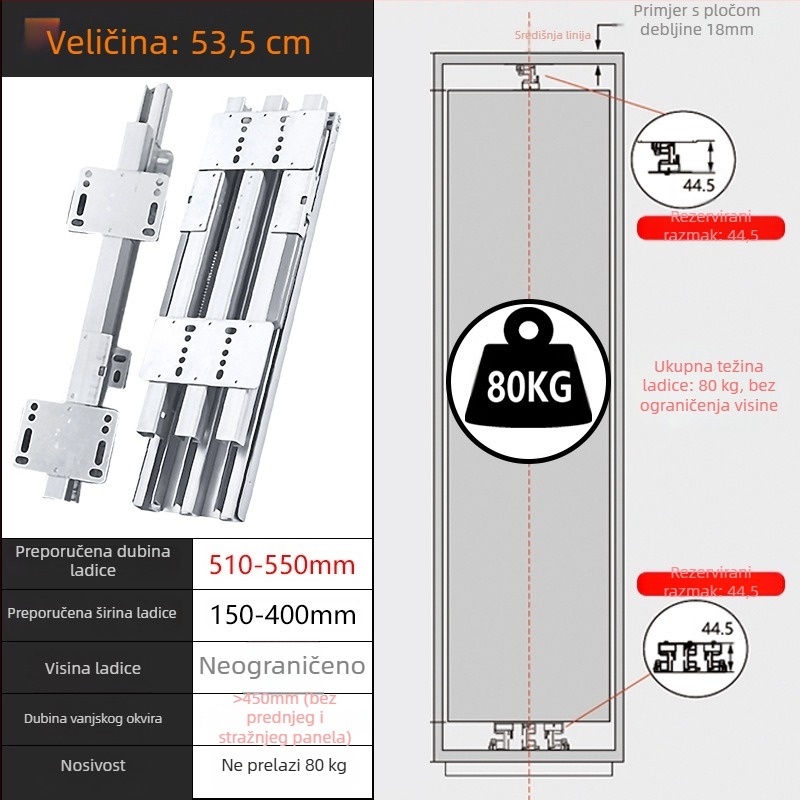 Skrivene teške šine za ladice dubokih ormara – tih rad, gornja i donja montaža (Materijal: hladno valjani čelik; Površinska obrada: galvanizirana; Model: Heaven and Earth rail; Marka: Zuo gang; Stil: moderni minimalizam)