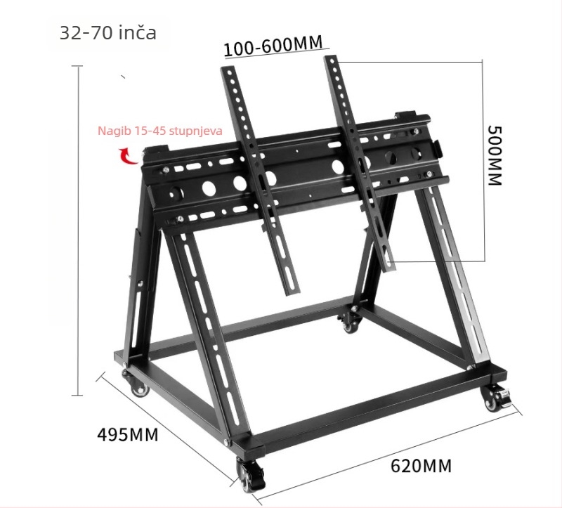 Niski TV-stalak s trokutastom bazom, pomični kolica, nagib 45°, nosivost 11-15 kg