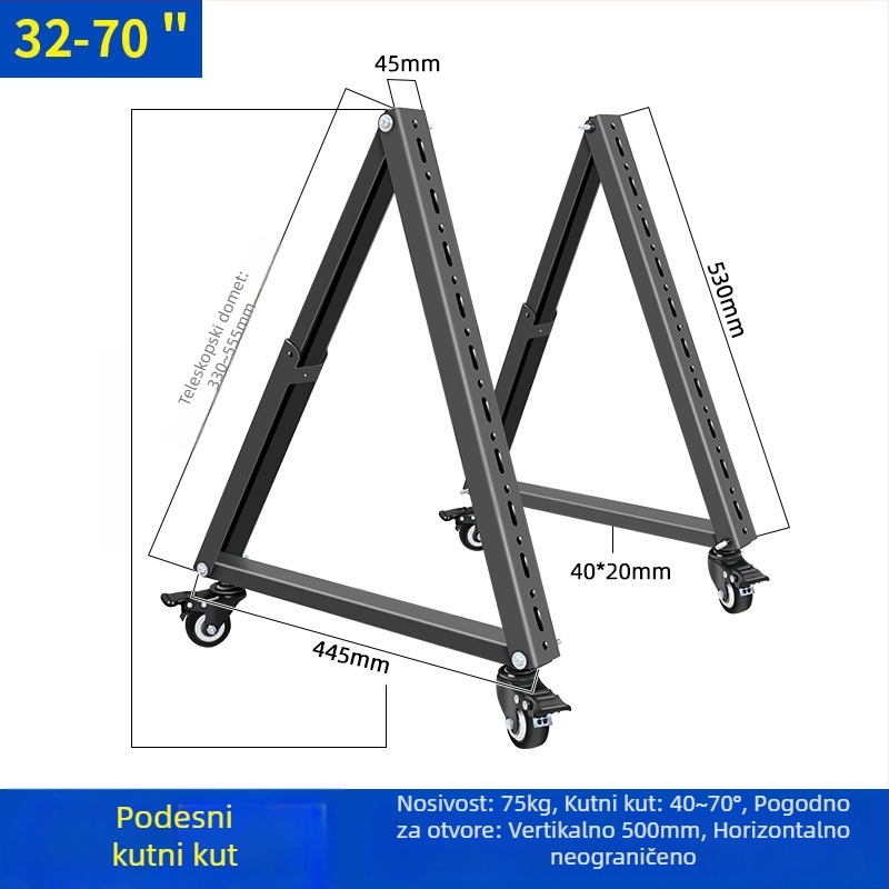 Niski TV-stalak s trokutastom bazom, pomični kolica, nagib 45°, nosivost 11-15 kg