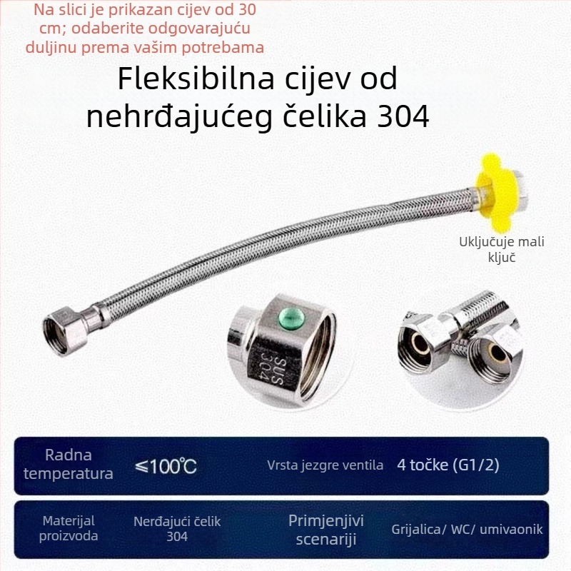 Pleteni cijev za dovod vode od nehrđajućeg čelika 304, dvostrano priključena, za toplu i hladnu vodu, za bojler i zahod, visok tlak, otporna na eksploziju