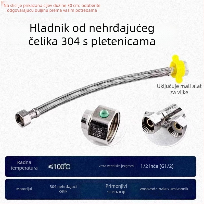 Pleteni cijev za dovod vode od nehrđajućeg čelika 304, dvostrano priključena, za toplu i hladnu vodu, za bojler i zahod, visok tlak, otporna na eksploziju