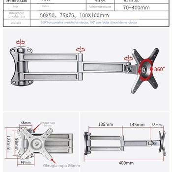 Univerzalni nosač za televizor od aluminijske legure, s podesivim kutem i teleskopskim vratom