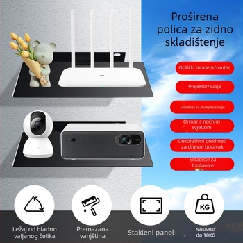 Zidna polica za set-top box, usmjerivač i projektor — čelik+staklo, 1 etaža, jednostavan modern stil, ugradnja s uvučenim vijcima
