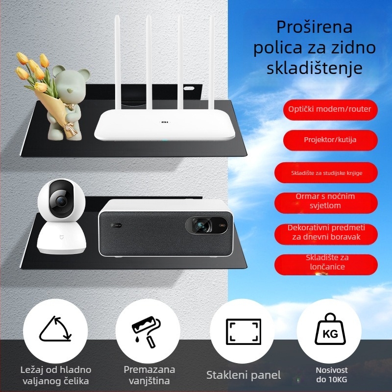 Zidna polica za set-top box, usmjerivač i projektor — čelik+staklo, 1 etaža, jednostavan modern stil, ugradnja s uvučenim vijcima