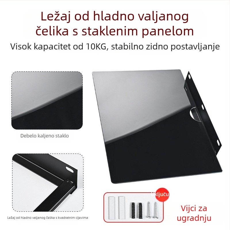 Zidna polica za set-top box, usmjerivač i projektor — čelik+staklo, 1 etaža, jednostavan modern stil, ugradnja s uvučenim vijcima