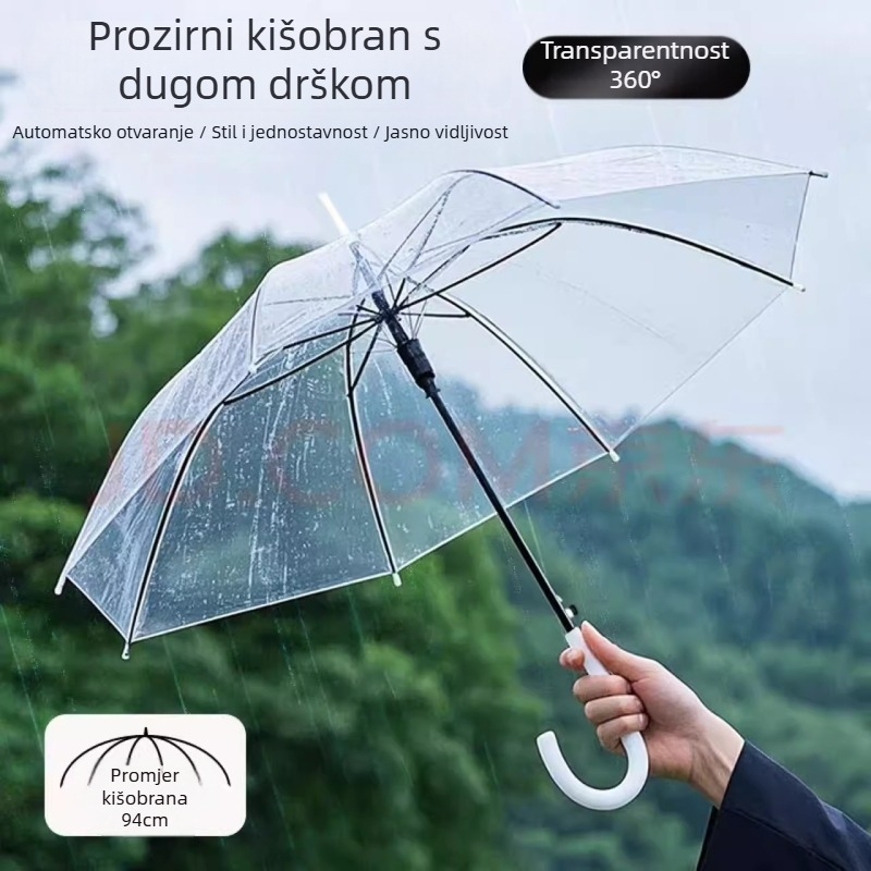 Prozirni kišobran s dugom drškom, ručno otvaranje, 8 rebara od karbonskih vlakana, plastično platno.