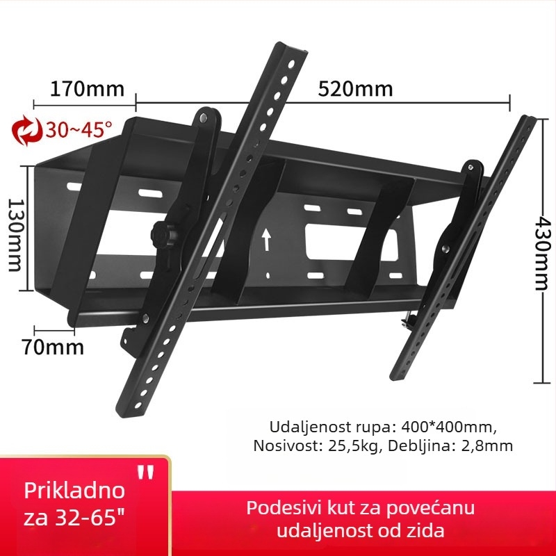 Zidni nosač TV-a s nagibom od 45°, model t400, izrađen od hladno valjanog čelika, težina 6 kg