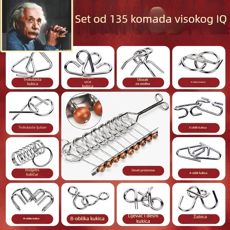 Kongming/Luban devetlanični puzzle set za razvoj logičkog razmišljanja – metalna konstrukcija, uzrast 7–14 godina.